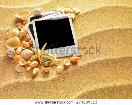 Summer like old style empty photo cards lying on a sea sand and framed with shells. Sunny summer background. Space for your text.