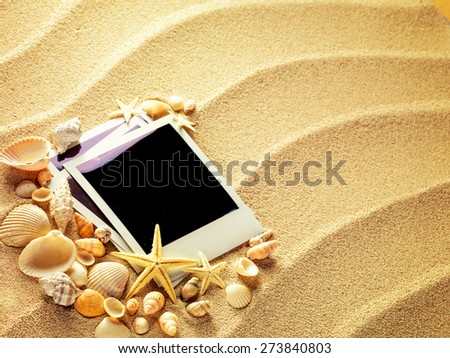 Old style empty photo cards lying on a sea sand and framed with shells. Sunny summer like background. Space for your text.