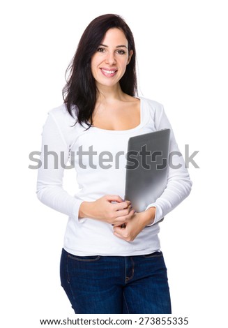 Brunette woman hold with laptop