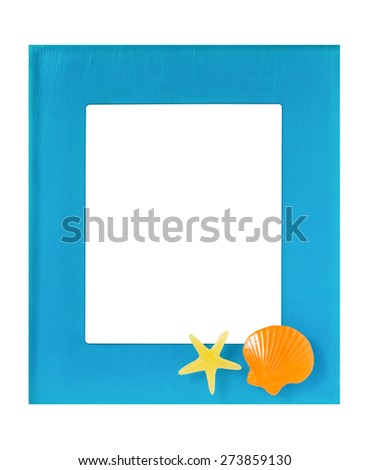 blue handicraft resin frame decorated with yellow starfish and orange shell on white background