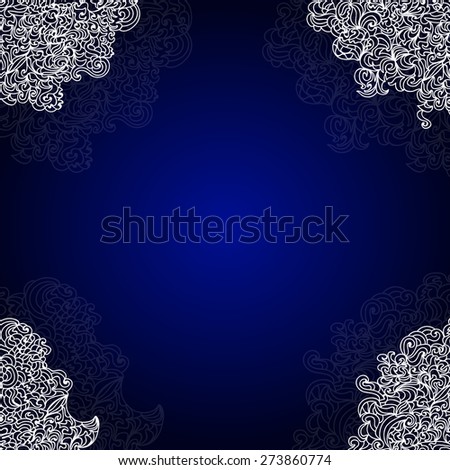 Blue abstract ornamental vector frame with white lacy corners