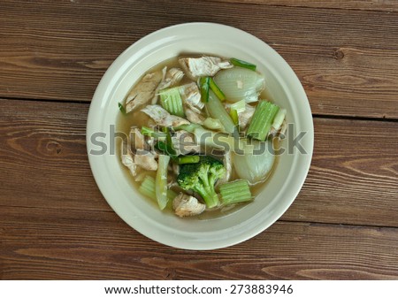 Cock-a-leekie soup -  Scottish soup dish of leeks and chicken stock. Royalty-Free Stock Photo #273883946