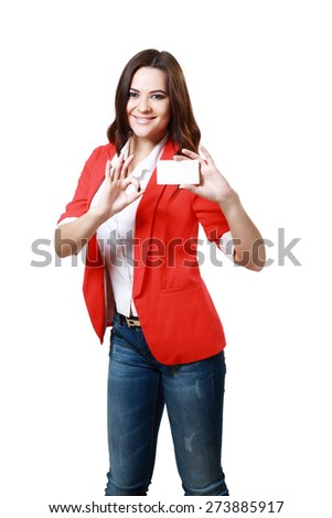 A beautiful woman holds out a business or credit card