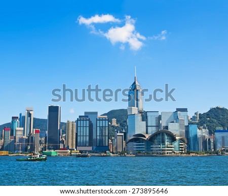 view of Hong Kong skyscrappers with various logos in Hong Kong harbour on sunny day 
