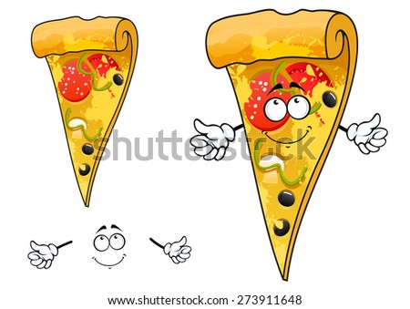 Cartoon thin slice of pizza character with cheese and sliced salami, tomato, pepper, mushroom, olives for pizzeria or takeaway restaurant menu design