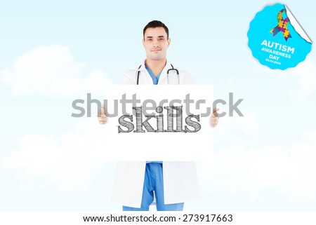 The word skills and portrait of a doctor holding a blank panel against blue sky