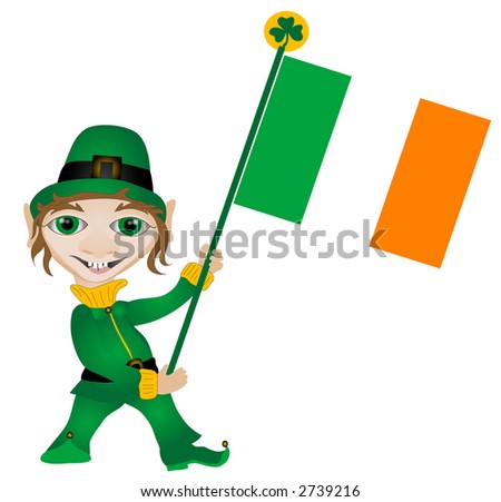 Leprechaun holding an Irish Flag over a white background.