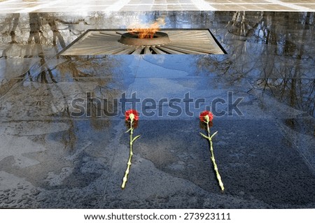Eternal flame. Two red carnations put on a granite surface wet after the rain. No people. 
