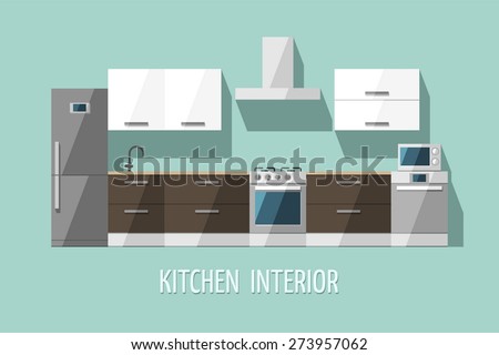 Kitchen interior. Kitchen furniture. Modern trendy design. Flat vector illustration.
