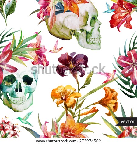 Vector seamless pattern with skulls and lily flowers, retro vector wallpaper