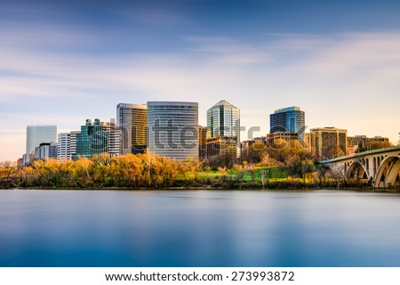 Rosslyn, Arlington, Virginia, USA city skyline on the Potomac River.