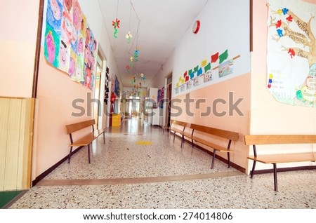 long hallway to a nursery kindergarten without children