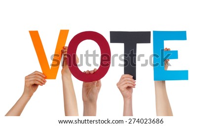 Many Caucasian People And Hands Holding Colorful Straight Letters Or Characters Building The Isolated English Word Vote On White Background