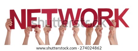 Many Caucasian People And Hands Holding Red Straight Letters Or Characters Building The Isolated English Word Network On White Background
