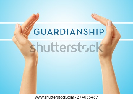 Female hands with word guardianship on blue background Royalty-Free Stock Photo #274035467