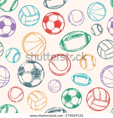 Sports Balls, Grunge Background, Seamless Pattern