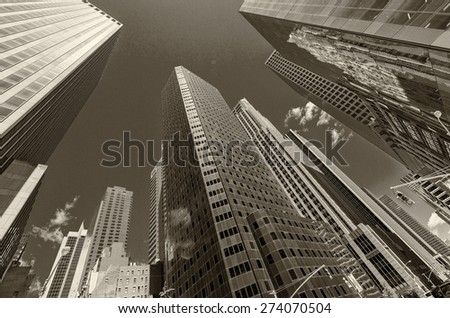 Amazing skyscrapers of Manhattan. View from street level.
