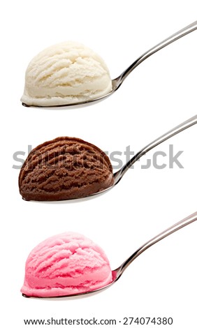 Strawberry, vanilla and chocolate ice cream scoops in spoons isolated on white background