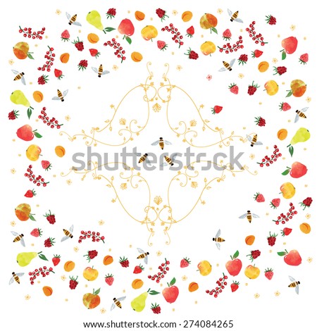 hand drawn doodles and watercolor style fruits, vector illustration