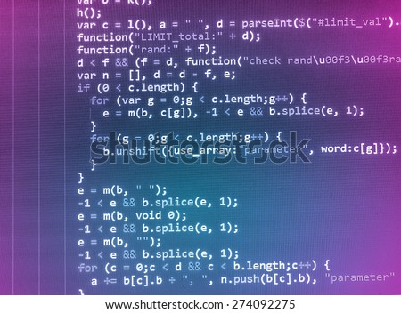 Coding programmer abstract background. Computer language script code screen. Blue violet purple pink color.