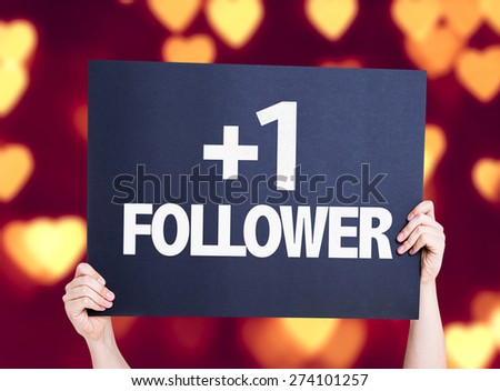 +1 Follower card with heart bokeh background