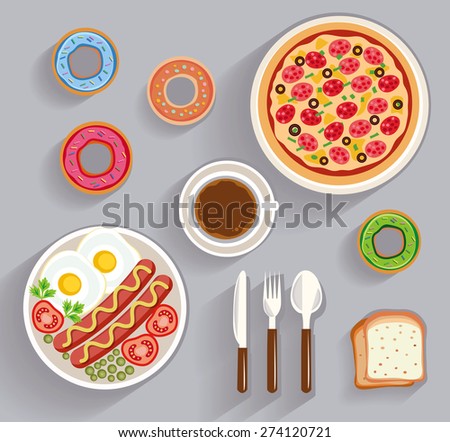 business lunch, dinner table - top view (flat concept, vector illustration)