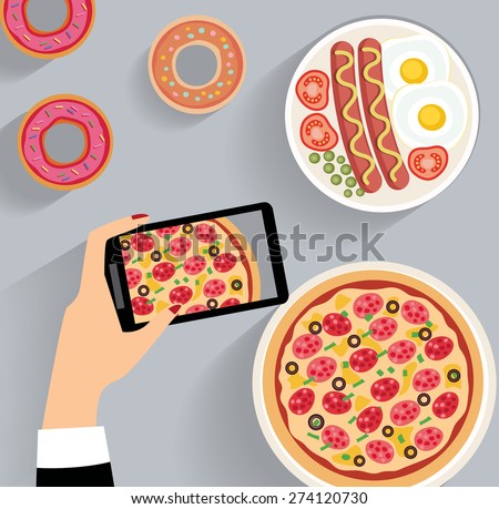 business lunch, dinner table - top view (flat concept, vector illustration)