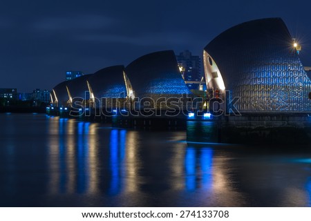 Thames Barrier in London, UK - night view Royalty-Free Stock Photo #274133708