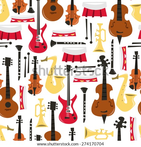 A vector illustration of musical instruments seamless pattern background.