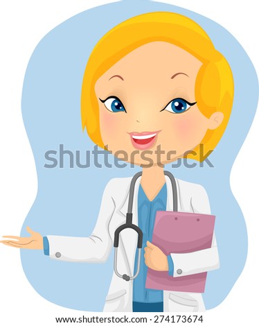 Illustration of a Blonde Girl Doctor holding a Clipboard presenting something