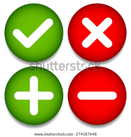 Set of 4 icons with check mark, cross and plus, minus signs.