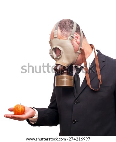 Businessman with gas mask over white vignetting