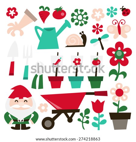 A vector illustration of whimsical retro gardening theme clip arts. Included in this set:- watering can, garden glove, vegetables, garden tools, garden gnome, insects and flowers.