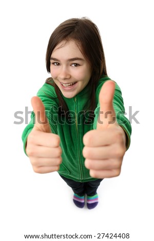 Girl showing OK sign, standing isolated on white background