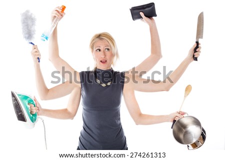 Very busy multitasking housewife on white background.  Concept of supermom and superwoman Royalty-Free Stock Photo #274261313