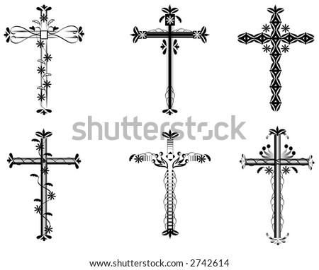 A set of six crosses with swirls,flowers,hearts and more.Black over a white background.