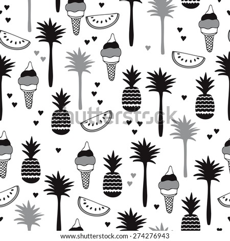 Seamless modern black and white trendy summer background pattern with pineapple palm trees water melon and ice cream illustration in vector