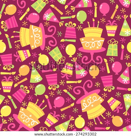 A vector illustration seamless pattern of a colorful happy birthday theme. The magenta background is on a separate layer, so you can change the color easily.