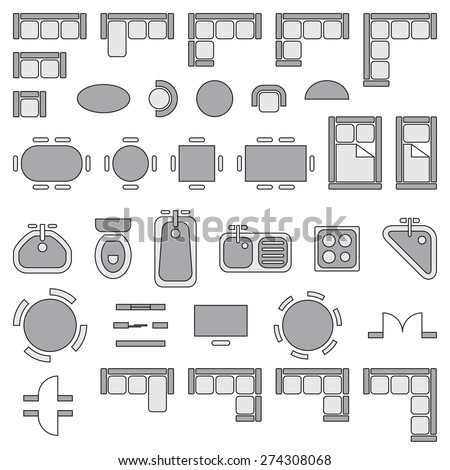 Standard furniture symbols used in architecture plans icons set, graphic design elements, gray isolated on white background, vector illustration. Royalty-Free Stock Photo #274308068
