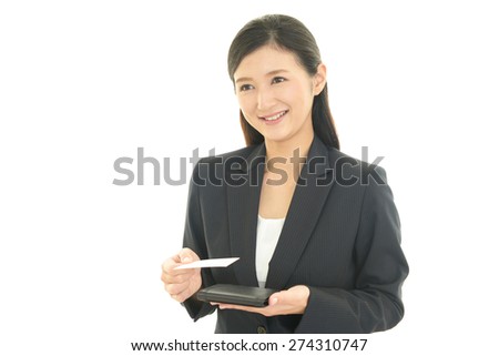 Business woman holding a business card