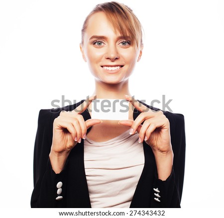 Business, finance and people concept: Smiling business woman handing a blank business card over white background. Positive emotion.