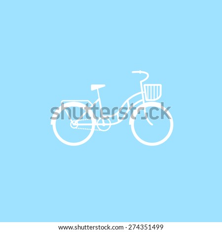 Female bicycle with a basket on a blue background. White vintage ladies bicycle with wicker basket