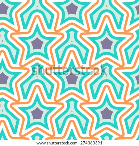 Modern Seamless Vector Background with Concentric Stars. Stylish Stars Print in Orange and Turquoise Colors. Decorative Grid