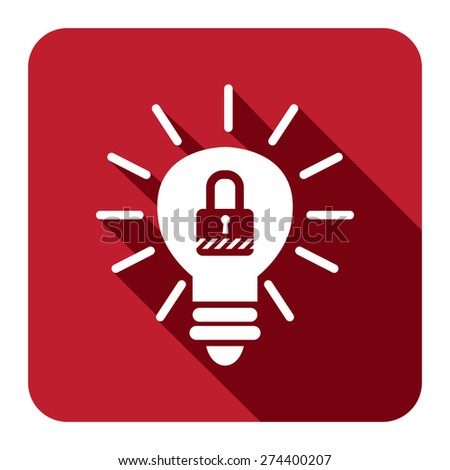 Red Square Light Bulb With Key Lock  Sign Flat Long Shadow Style Icon, Label, Sticker, Sign or Banner Isolated on White Background