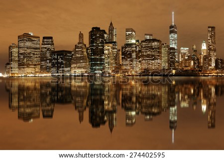 Manhattan Downtown architecture night with reflections