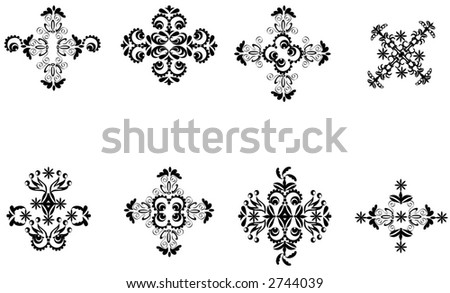 Eight tattoo - styled design elements vectors, black on white background.