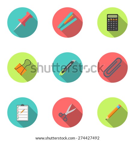 Modern flat icon vector illustration collection with long shadow. Stapler, scissors, clip, stationery knife, notebook, calculator, pencil, button, stationery set Symbol and object. Isolated