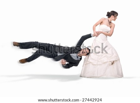 Bride abusing groom, isolated on white Royalty-Free Stock Photo #27442924