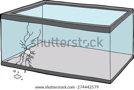Empty rectangular fish tank with cracked glass and hole