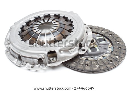 A new set of replacement automotive clutch on a white background. Disc and clutch basket without release bearing Royalty-Free Stock Photo #274466549
